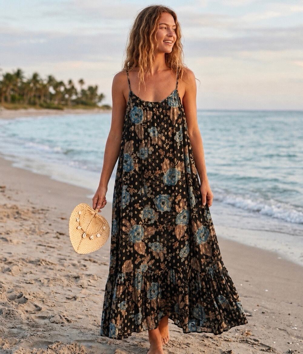 Natural Life The Alice Floral Metallic Maxi Dress Black Blue Large Boho Beachy